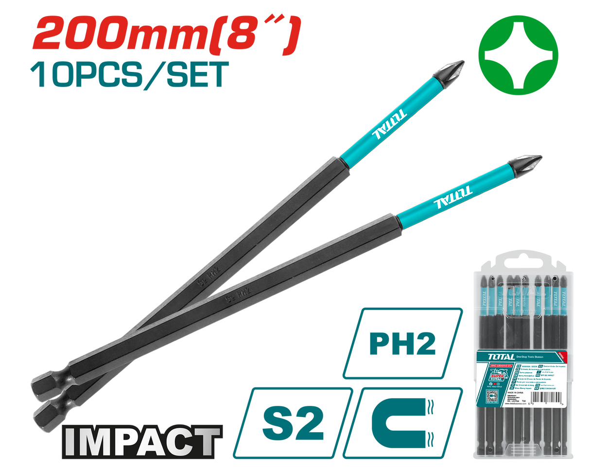 Set 10 biti de impact TOTAL PH2 x 200 mm, magnetici, otel S2, 2, atomico.ro
