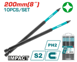 Set 10 biti de impact TOTAL PH2 x 200 mm, magnetici, otel S2