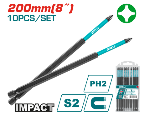 Scule TOTAL, Set 10 biti de impact TOTAL PH2 x 200 mm, magnetici, otel S2, 2, atomico.ro