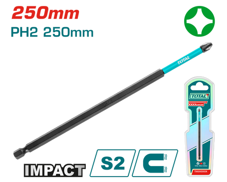Accesorii scule electrice, Bit impact TOTAL PH2 x 250 mm – otel S2, magnetic, 1/4” hex, atomico.ro