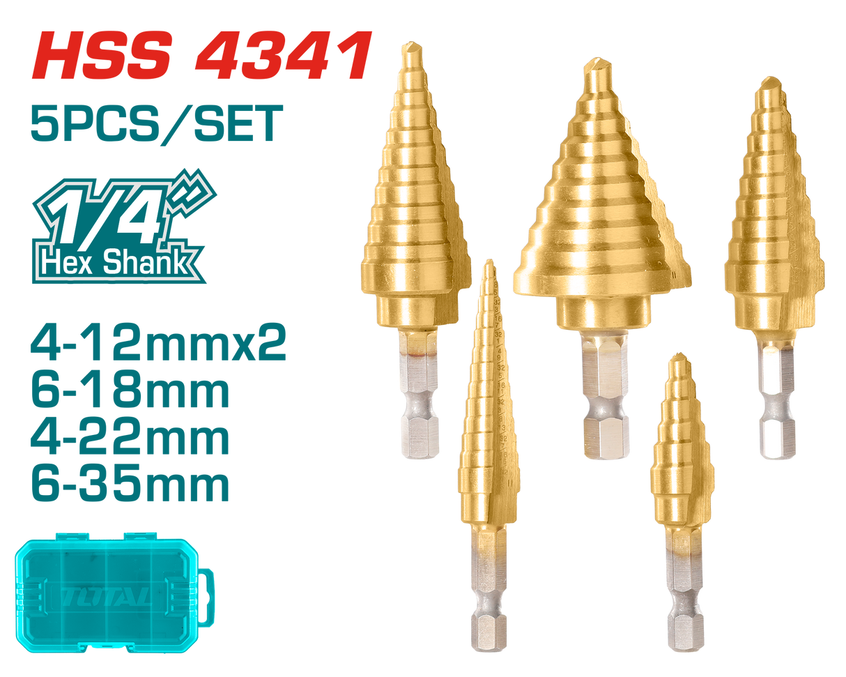 Set burghie in trepte TOTAL 5 piese, HSS 4341, 4–35 mm, prindere hex 1/4" si 5/16", 2, atomico.ro