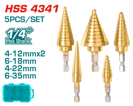 Scule TOTAL, Set burghie in trepte TOTAL 5 piese, HSS 4341, 4–35 mm, prindere hex 1/4" si 5/16", 2, atomico.ro