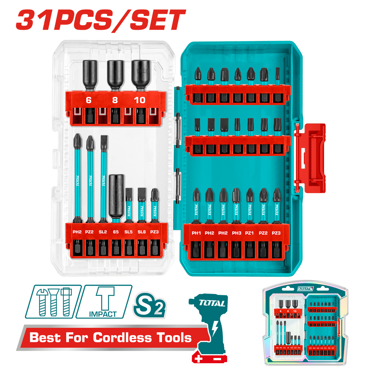 Set biti impact TOTAL 31 piese, 25/50/89 mm, piulite magnetice, suport inclus, 5, atomico.ro