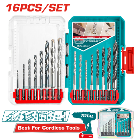Accesorii scule electrice TOTAL, Set burghie TOTAL pentru metal/beton/lemn 16 buc, atomico.ro