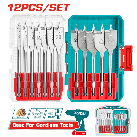Accesorii scule electrice, Set 12 buc. burghie plate pentru lemn TOTAL, 8–32 mm, tija hex 1/4", 2, atomico.ro