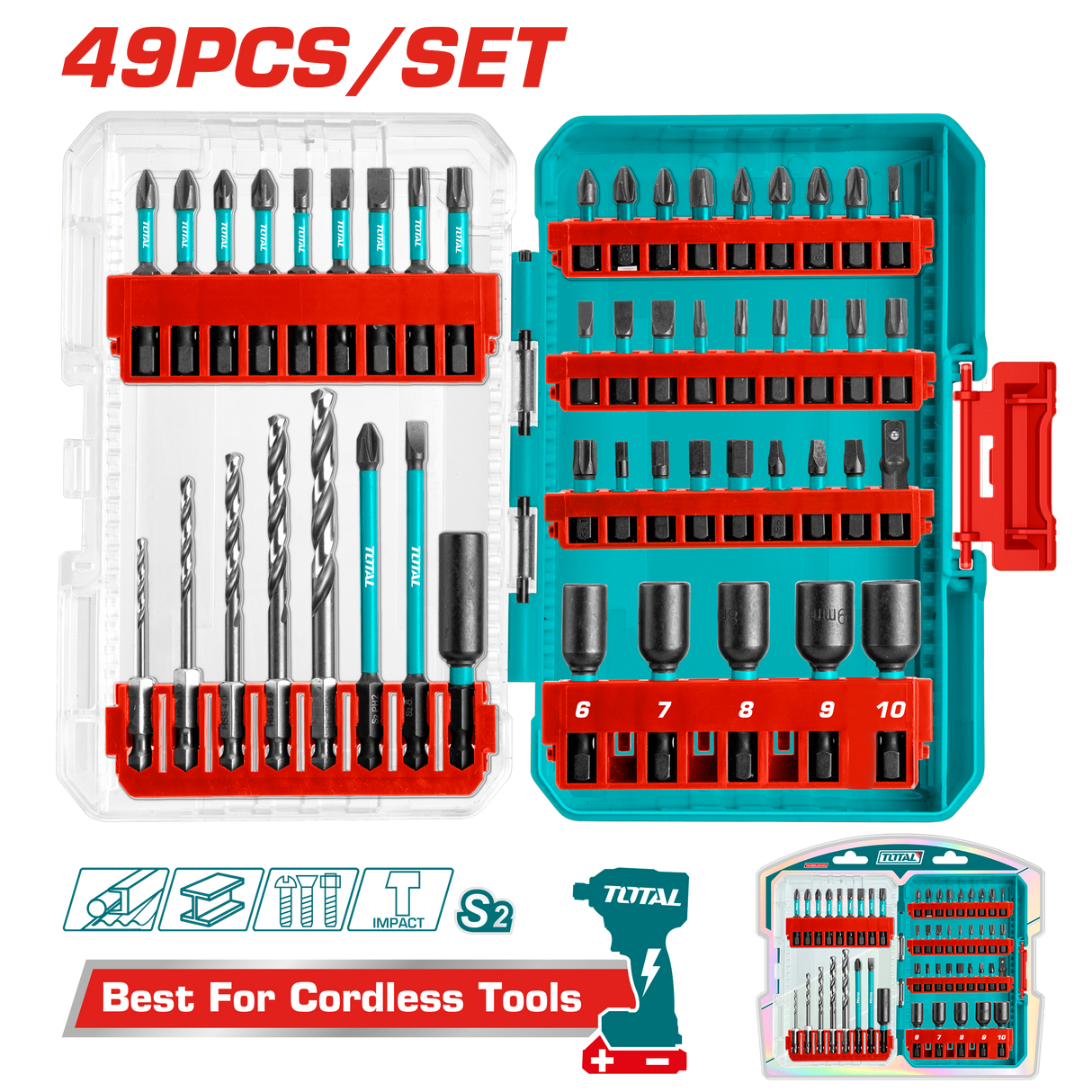 Set biti impact TOTAL 49 piese, adaptor, burghie HSS, piulite magnetice, 1, atomico.ro