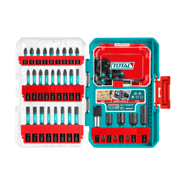 Set biti impact TOTAL 51 piese, 25 mm si 50 mm, piulite magnetice, suport cu eliberare rapida, 1, atomico.ro