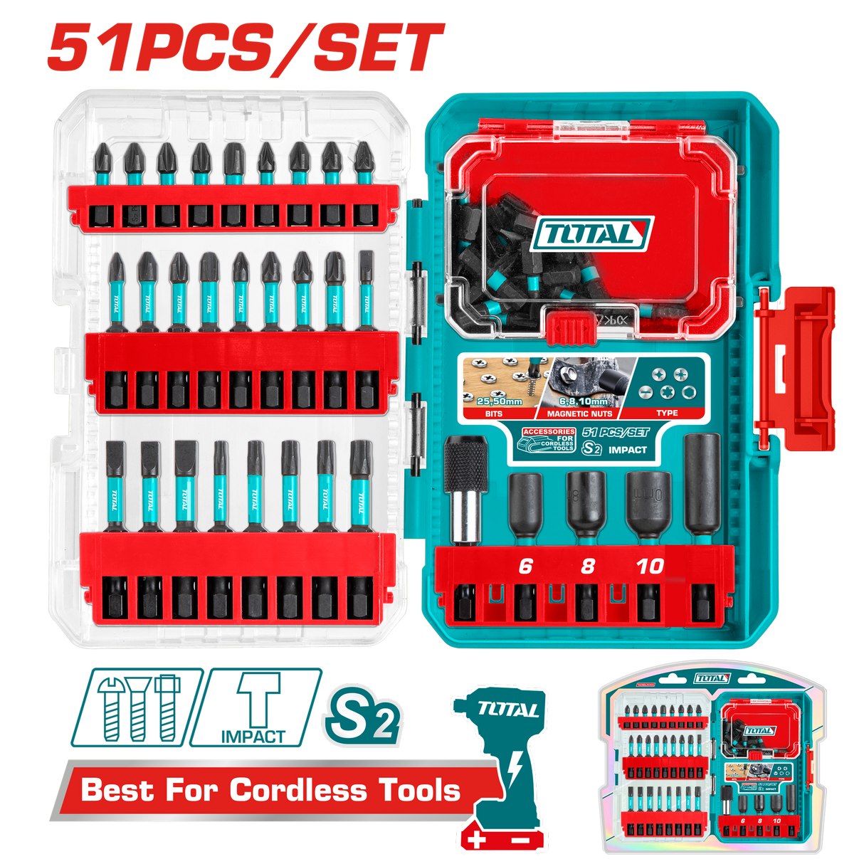 Set biti impact TOTAL 51 piese, 25 mm si 50 mm, piulite magnetice, suport cu eliberare rapida, 6, atomico.ro