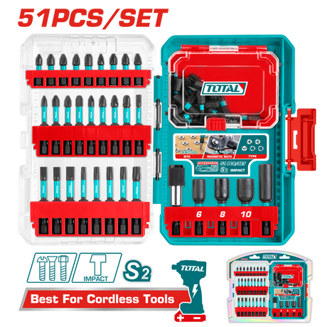 Scule TOTAL, Set biti impact TOTAL 51 piese, 25 mm si 50 mm, piulite magnetice, suport cu eliberare rapida, 6, atomico.ro