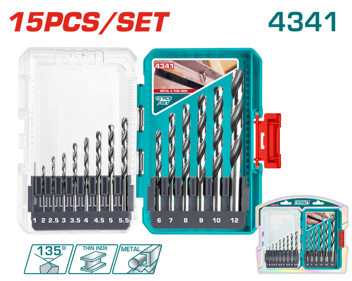 Set burghie metal TOTAL 15 piese, HSS 4341, 1–12 mm, 4, atomico.ro