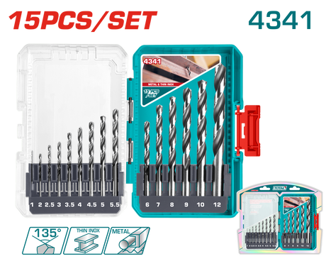 Scule TOTAL, Set burghie metal TOTAL 15 piese, HSS 4341, 1–12 mm, 4, atomico.ro