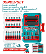 Set biti impact TOTAL 33 piese, capete 25/50 mm, tubulare Cr-Mo, adaptor 3/8", suport biti