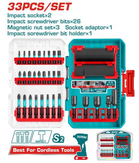 Scule TOTAL, Set biti impact TOTAL 33 piese, capete 25/50 mm, tubulare Cr-Mo, adaptor 3/8", suport biti, 2, atomico.ro