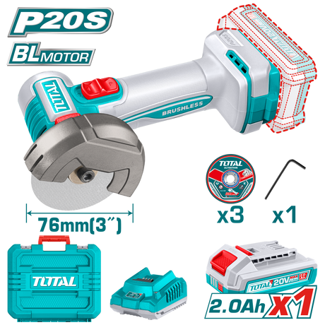 Polizor Unghiular - Flexuri, Mini polizor unghiular TOTAL 20V, Brushless, disc 76 mm, 20.000 rpm, acumulator 2.0Ah, incarcator, atomico.ro