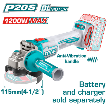 Scule electrice, Polizor unghiular TOTAL, 20V, 1200W, disc 115 mm, motor fara perii, 3 trepte de viteza, atomico.ro