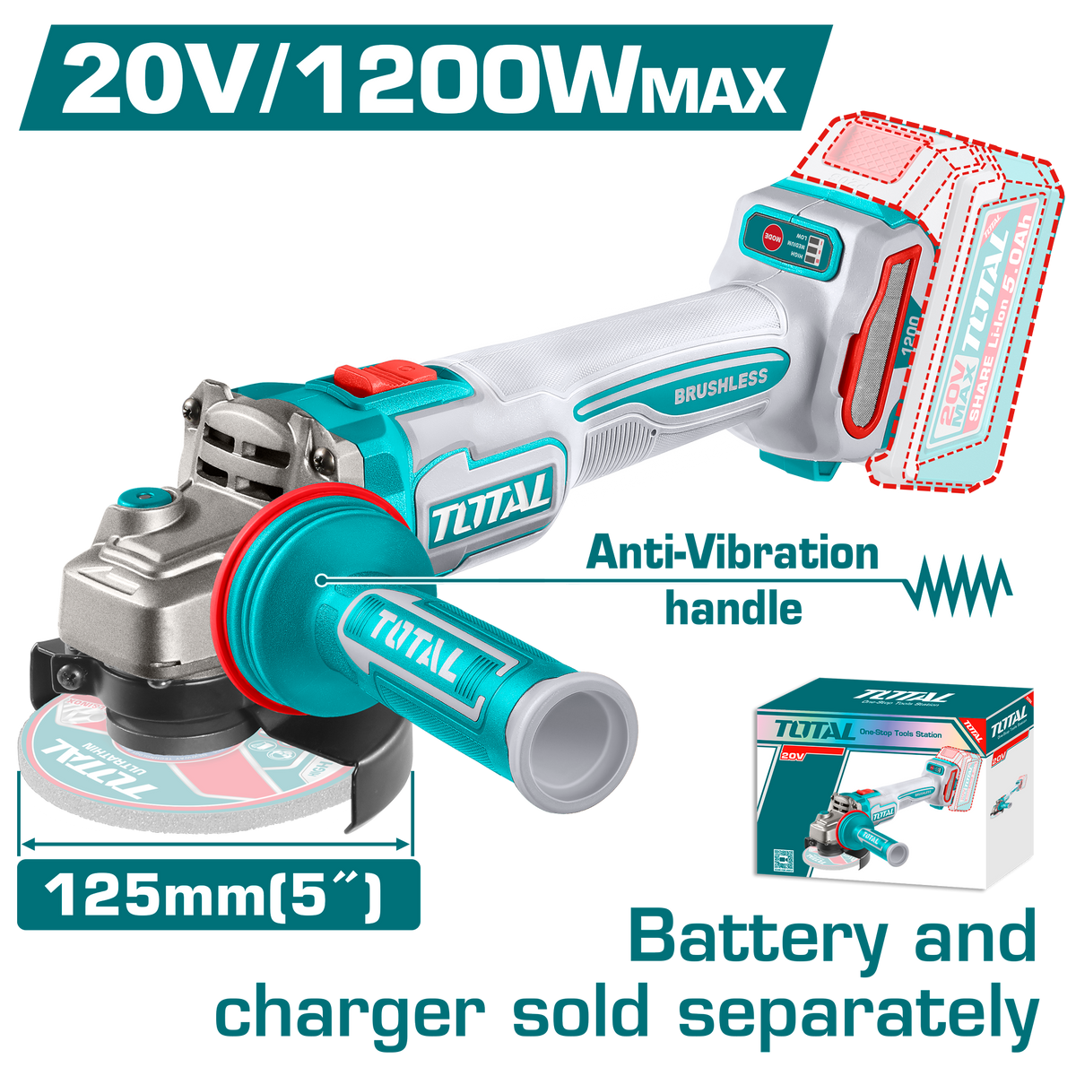 Polizor unghiular TOTAL, 20V, 1200W, disc 125 mm, motor fara perii, 3 trepte de viteza, 1, atomico.ro