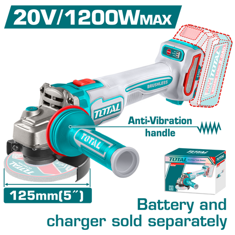 Puterea Mobila, Polizor unghiular TOTAL, 20V, 1200W, disc 125 mm, motor fara perii, 3 trepte de viteza, 7, atomico.ro