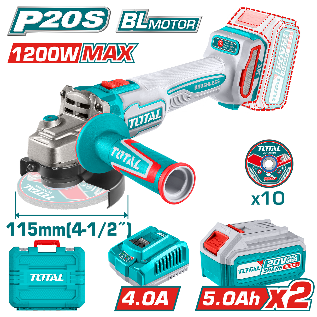 Polizor unghiular TOTAL 20 V, Li-Ion, diametru disc 115 mm (INCLUDE 2 ACUMULATORI SI 1 INCARCATOR), 2, atomico.ro