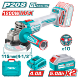 Polizor unghiular TOTAL 20 V, Li-Ion, diametru disc 115 mm (INCLUDE 2 ACUMULATORI SI 1 INCARCATOR)