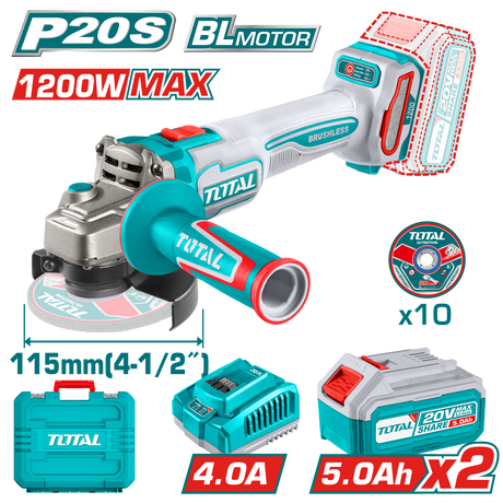 Scule TOTAL, Polizor unghiular TOTAL 20 V, Li-Ion, diametru disc 115 mm (INCLUDE 2 ACUMULATORI SI 1 INCARCATOR), 2, atomico.ro
