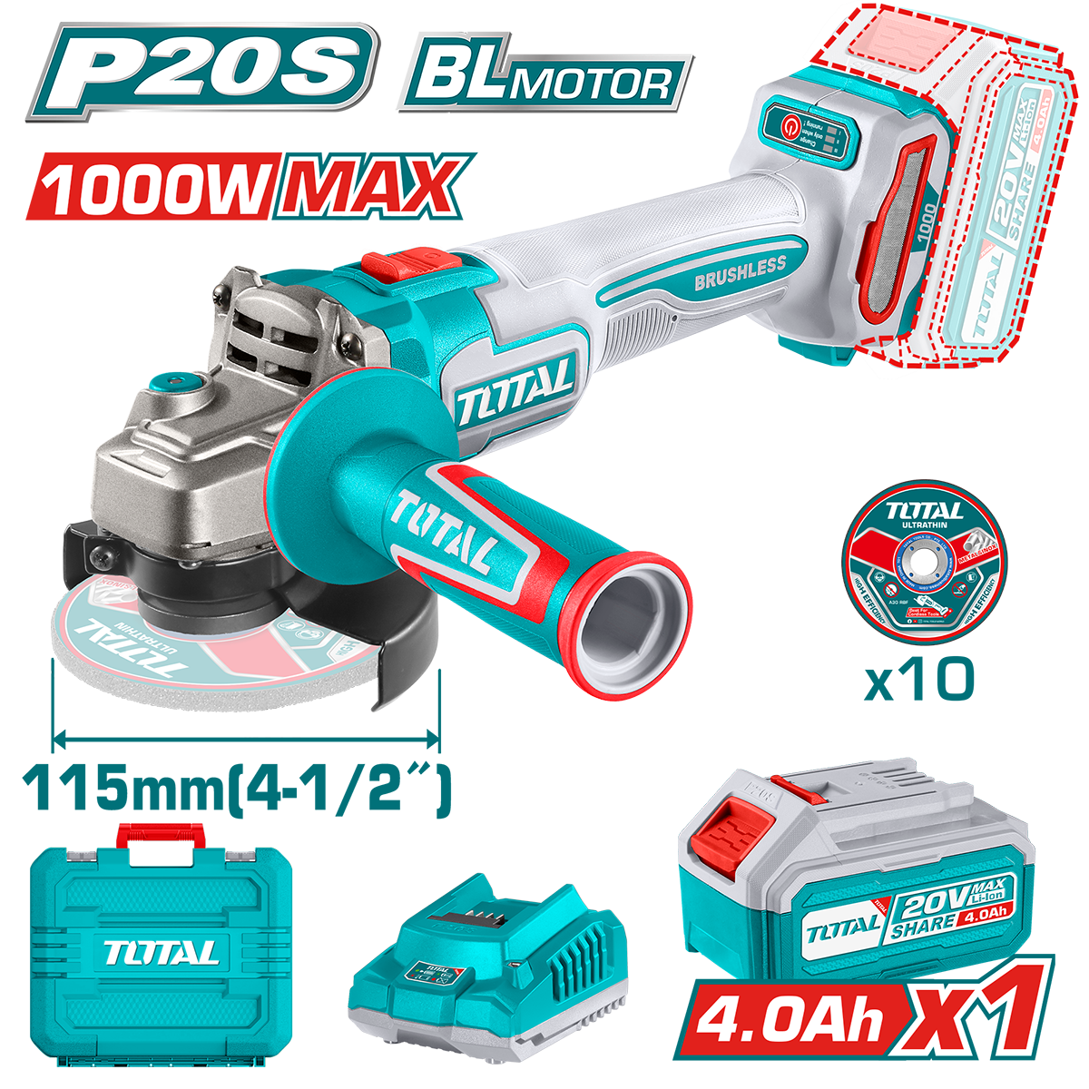 Polizor unghiular TOTAL (Industrial) 20V – 4.0Ah, motor fara perii (include 1 acumulator, 1 incarcator), 2, atomico.ro