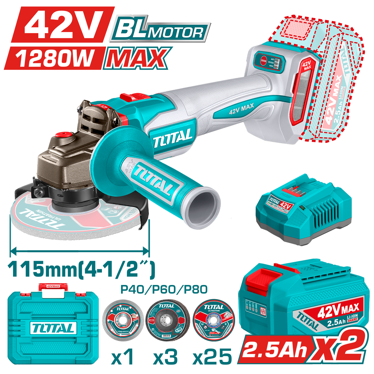 Polizor unghiular TOTAL 115 mm, 42V, 1280W, brushless (INCLUDE 2 ACUMULATORI, 1 INCARCATOR), 2, atomico.ro