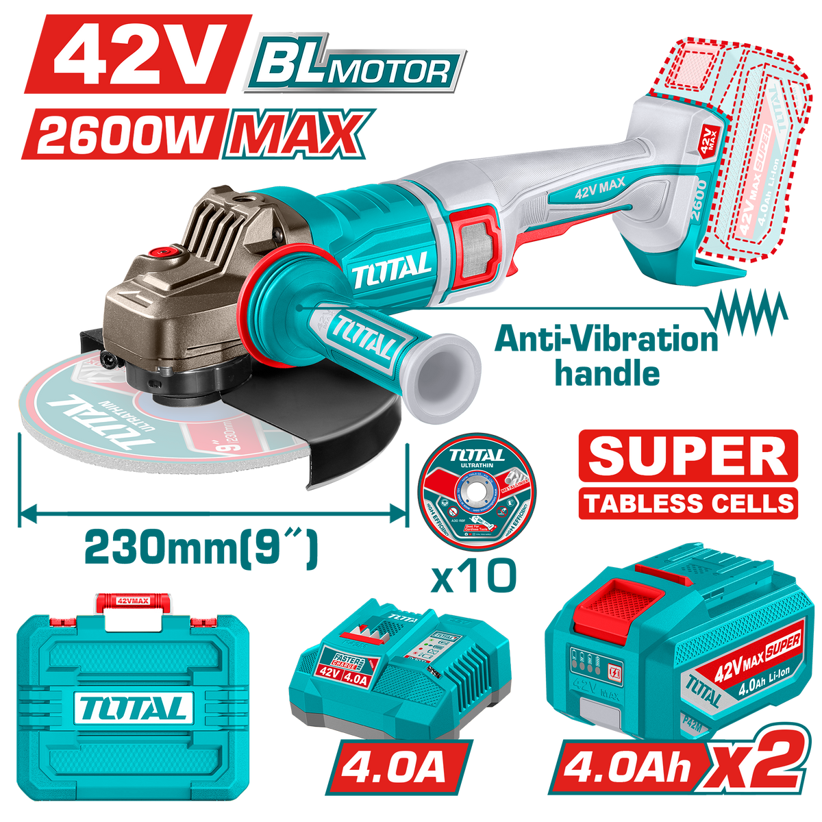Polizor unghiular TOTAL 42V, 2600W, 230mm, motor fara perii, 6300 rpm, 2 acumulatori 4.0Ah, incarcator, 1, atomico.ro