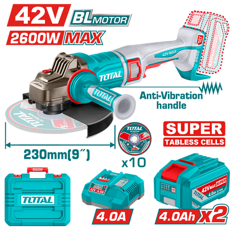 Scule TOTAL, Polizor unghiular TOTAL 42V, 2600W, 230mm, motor fara perii, 6300 rpm, 2 acumulatori 4.0Ah, incarcator, atomico.ro