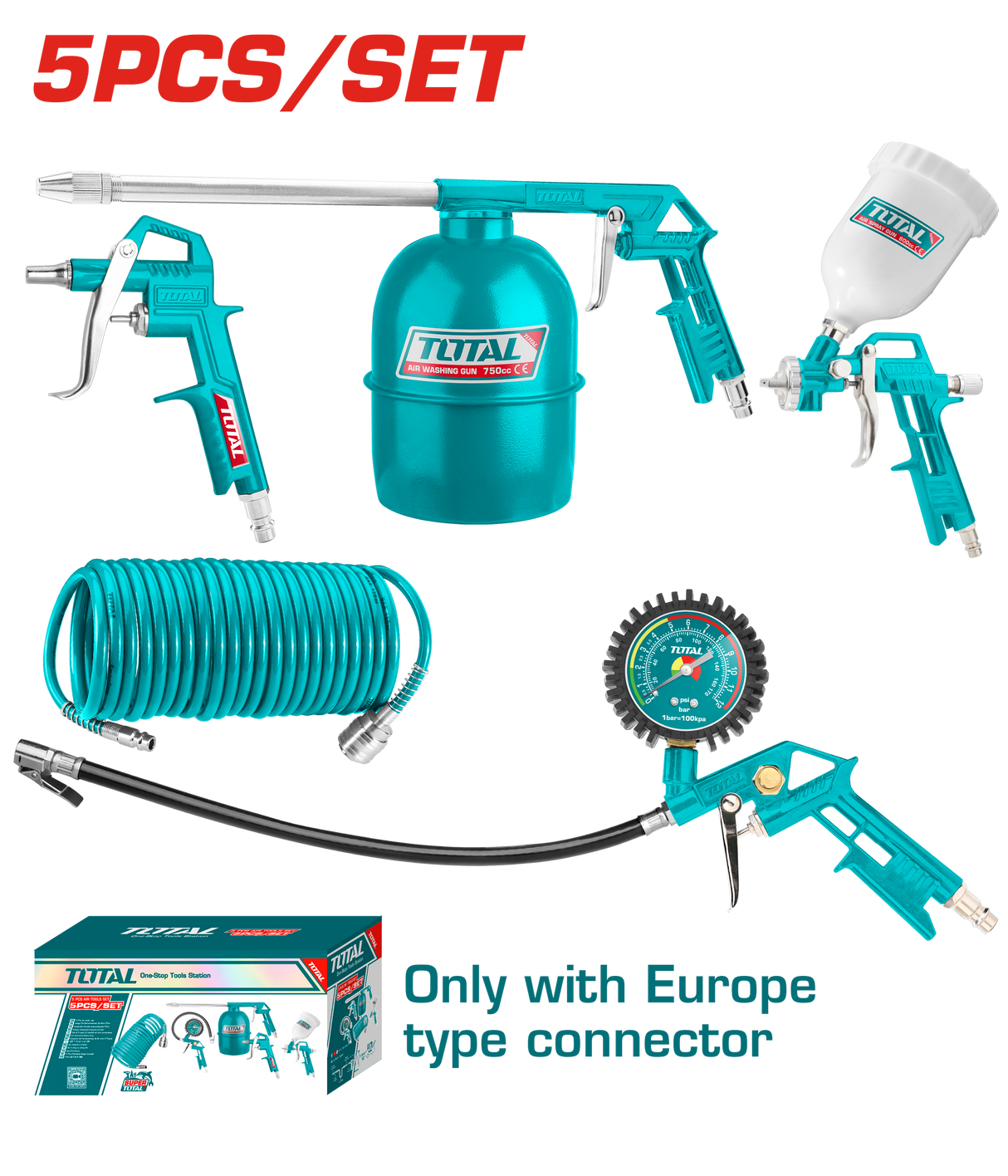 Kit pentru vopsit TOTAL 5 piese, cu pistol vopsit, pistol suflare, pistol spalare, pistol umflat roti si furtun spiralat 4 m, 1, atomico.ro