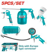 Kit pentru vopsit TOTAL 5 piese, cu pistol vopsit, pistol suflare, pistol spalare, pistol umflat roti si furtun spiralat 4 m