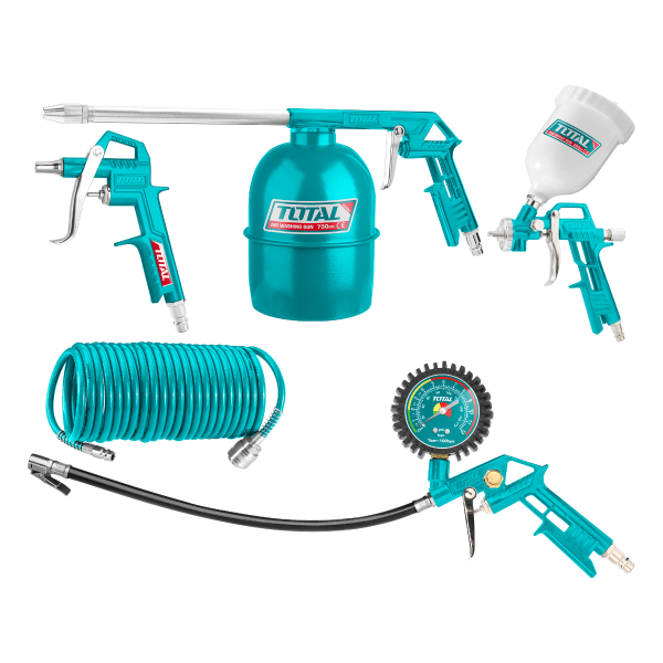 Kit pentru vopsit TOTAL 5 piese, cu pistol vopsit, pistol suflare, pistol spalare, pistol umflat roti si furtun spiralat 4 m, 6, atomico.ro