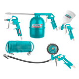 Kit pentru vopsit TOTAL 5 piese, cu pistol vopsit, pistol suflare, pistol spalare, pistol umflat roti si furtun spiralat 4 m
