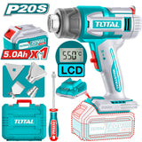 Suflanta aer cald TOTAL 20V, 550°C, debit 200 l/min, display LCD, accesorii incluse (contine 1 acumulator si 1 incarcator)