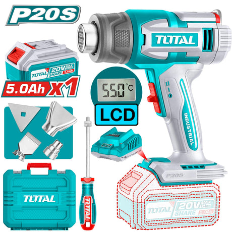 Scule si utilaje constructii, Suflanta aer cald TOTAL 20V, 550°C, debit 200 l/min, display LCD, accesorii incluse (contine 1 acumulator si 1 incarcator), 1, atomico.ro