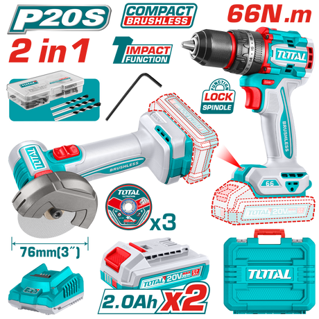Scule TOTAL, Kit combo TOTAL 20V, masina de gaurit cu percutie si mini polizor unghiular, 2 acumulatori 2.0Ah, incarcator, 66 Nm, atomico.ro