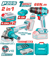 Kit Combo 20V 4.0Ah - Masina de gaurit cu impact, polizor unghiular (include 2 acumulatori, 1 incarcator)