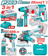 Kit combo TOTAL 20V, masina de gaurit cu percutie, polizor unghiular si ciocan rotopercutor Brushless, 2 acumulatori 4.0Ah, incarcator, 47 accesorii