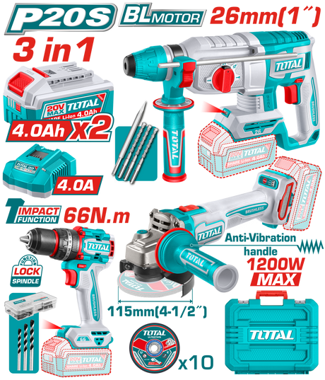 Masini de Gaurit/ Insurubat - Bormasini, Kit combo TOTAL 20V, masina de gaurit cu percutie, polizor unghiular si ciocan rotopercutor Brushless, 2 acumulatori 4.0Ah, incarcator, 47 accesorii, 1, atomico.ro