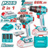 Kit Combo TOTAL 20V, Masina de gaurit cu impact si Masina de insurubat cu impact (include 2 acumulatori si 1 incarcator)