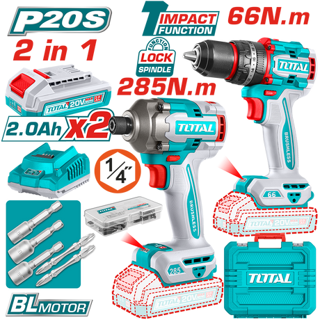 Scule si utilaje constructii, Kit Combo TOTAL20V 2.0Ah - Masina de gaurit cu impact, masina de insurubat cu impact (include 2 acumulatori, 1 incarcator), atomico.ro