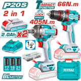 Kit combo TOTAL 20V, masina de gaurit cu percutie 66Nm + masina de insurubat cu impact 405Nm, 2 acumulatori 2.0Ah, incarcator, 47 accesorii