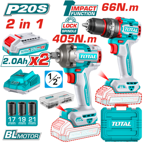 Scule TOTAL, Kit combo TOTAL 20V, masina de gaurit cu percutie 66Nm + masina de insurubat cu impact 405Nm, 2 acumulatori 2.0Ah, incarcator, 47 accesorii, 1, atomico.ro