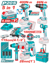 Set 5 Unelte TOTAL 20V Industrial - Masina de gaurit cu percutie, Masina de insurubat cu impact,  Ciocan rotopercutor, Polizor unghiular, Lampa de lucru (include 2 baterii 4.0 Ah si incarcator)