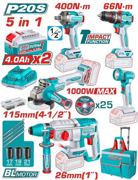 Masini de Gaurit/ Insurubat - Bormasini, Set 5 Unelte TOTAL 20V Industrial - Masina de gaurit cu percutie, Masina de insurubat cu impact,  Ciocan rotopercutor, Polizor unghiular, Lampa de lucru (include 2 baterii 4.0 Ah si incarcator), atomico.ro