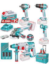 Set 5 Unelte TOTAL 20V Industrial - Masina de gaurit cu percutie, Masina de insurubat cu impact,  Ciocan rotopercutor, Polizor unghiular, Lampa de lucru (include 2 baterii 4.0 Ah si incarcator)
