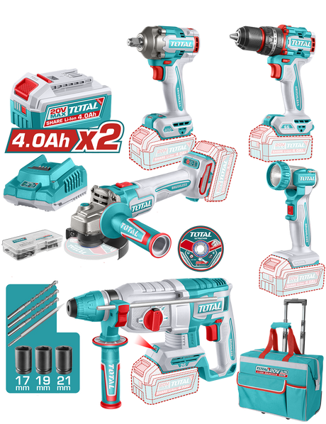 Masini de Gaurit/ Insurubat - Bormasini, Set 5 Unelte TOTAL 20V Industrial - Masina de gaurit cu percutie, Masina de insurubat cu impact,  Ciocan rotopercutor, Polizor unghiular, Lampa de lucru (include 2 baterii 4.0 Ah si incarcator), atomico.ro