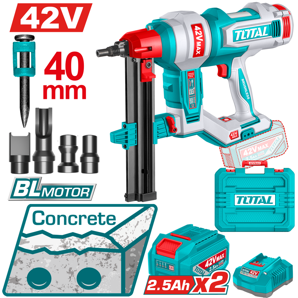 Pistol cuie pentru beton TOTAL 42V, brushless, pentru cuie 19-40 mm, cu 2 acumulatori 2.5Ah si incarcator, 1, atomico.ro