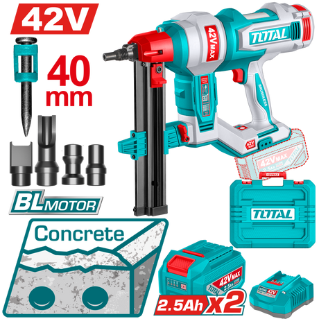 Scule TOTAL, Pistol cuie pentru beton TOTAL 42V, brushless, pentru cuie 19-40 mm, cu 2 acumulatori 2.5Ah si incarcator, atomico.ro