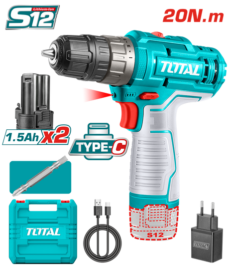 Total, Masina de gaurit TOTAL cu acumulator 12V/LED Li-Ion 2 acumulatori 1.5Ah, 2, atomico.ro