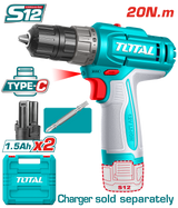 Masina de gaurit cu acumulator TOTAL 12 V, Li-Ion, LED, 20 Nm, 1500 rpm